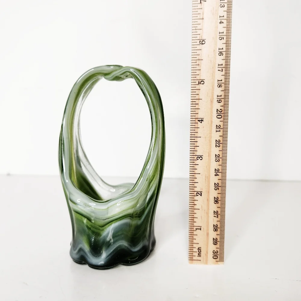 Vintage Hand Blown Stretch Art Glass Basket Vase Green White Swirls 5 1/2 Inches